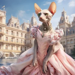 Sphynx kat i en balkjole på baggrund af et storslået palads i middelalderstil 2