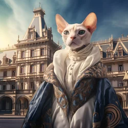Sphynx kat i en balkjole på baggrund af et storslået palads i middelalderstil 4