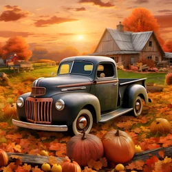 en vintage pickup truck på en efterårssolnedgangsaften 2