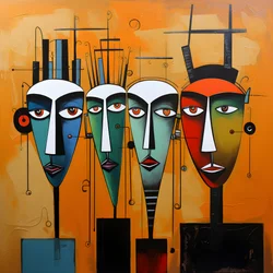 Et maleri viser en gruppe af fire hoveder på en væg 3