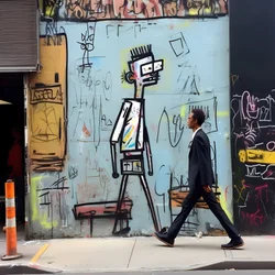 en malet figur kommer til live, da han går ned ad en gade i New York, surrealistisk foto 1
