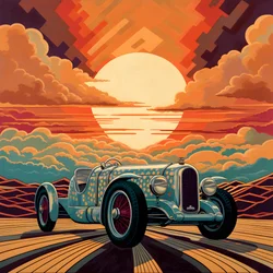 smukt, elegant, minimalistisk, quiltet mesterværk i den kunstneriske stil af Shepard Fairey::1 til minde om Monaco Grand Prix i 1940, historiske racerbiler, der konkurrerer mod hinanden. 3