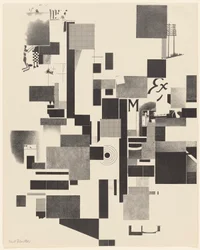 Uden titel, nr. 2 af 6 fra porteføljen Merz 3. Kurt Schwitters 6 litografier. Merz mappe. Første portefølje af Merz forlag (Merz 3. Kurt Schwitters 6 lithos. Merz Portfolio. Første Portfolio af Merz Publisher)