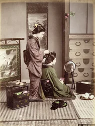 Frisør, Japan, ca. 1880 (håndfarvet albumin print på kort)