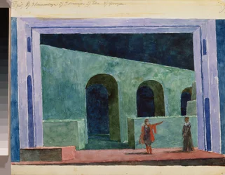 Forberedende indretning til operaen ""Boris Godunov"" af Modeste Moussorgski (1839-1881). Værk af Kuzma Sergeyevich Petrov Vodkin (Petrov-Vodkin) (Kouzma Petrov Vodkin) (Petrov-Vodkin) (1878-1939), akvarel på papir
