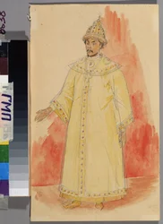 Kostumeprojekt til operaen ""Boris Godunov"" af Modest Mussorgsky (1839-1881). Værk af Kuzma Sergeyevich Petrov Vodkin (Petrov-Vodkin) (Kouzma Petrov Vodkin) (Petrov-Vodkin) (1878-1939), blyant og akvarel på papir