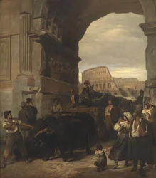 Romerske arbejdere, der transporterer en antik kejserstatue fra Colosseum gennem Titusbuen til de kapitolinske museer