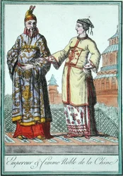 En kinesisk kejser og ædel kvinde, fra en af kostumestudierne af Jules Grasset de Saint-Sauveur (1757-1810) 1796 (farvegravering)