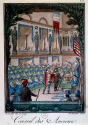Vejviser: "" Le Conseil des Ancients"" Indgravering fra "" Mors et customs du peuple francais"", gravering af Labrousse. 1700-tallets Paris, B.N.