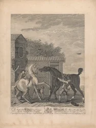 Et sæt på syv, uden titel, hver dediceret: Til den højvelbårne Thomas Lord Viscount Weymouth... efter det originale maleri i Longleat Hall. [To heste står uroligt uden for en stald...]