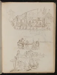 En have- og vaskeriscene med kvindelige figurer påskrevet "Genuese Well", og en undersøgelse af fire figurer påskrevet "Manentis familie til middag"