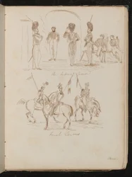 Undersøgelser af soldater påskrevet "Imperial Guards", soldater med flag på hesteryg påskrevet "Franske Lancers"