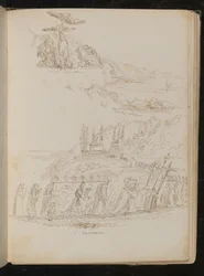 Studie af en kloster-"Procession" i et kystlandskab
