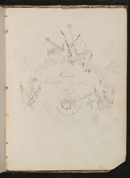 Studie af kunstnerens materialer, sommerfugle, blomster, flag, klippeflade og guirlande i våbenskjoldformation omkring inskriptionen "Afsluttet 12. august 1861"