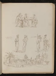 Tre soldater, der spiller kort, to "neopolitanske fanger" i samtale, tre "garibaldianere" i ro og mag og ryger, en genuesisk villa