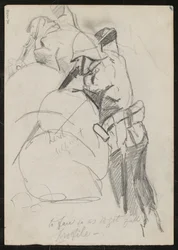 To soldater, der skyder nedad over sandsække, indskrevet "to face for at få fuld profil?", 1879