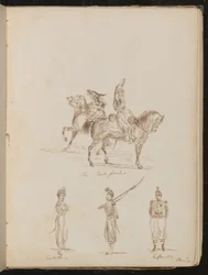 To soldater til hest påskrev "The Cert gardes", studier af artilleri- og infanterisoldater