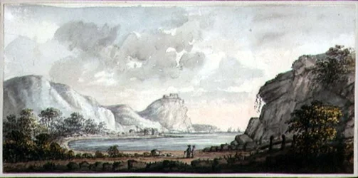 Landskab med to figurer med udsigt over en bugt, ca. 1825 (akvarel på papir)