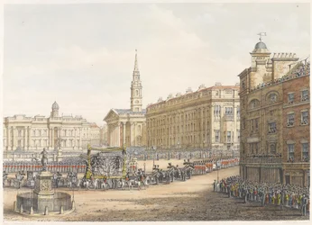 Begravelsesvognen og processionen ved hertugen af Wellingtons statsbegravelse passerer Mansion House den 18. november 1852