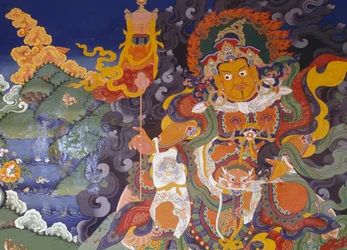 Fresko af farverige guddomme, Lamayuru Buddhist Monastery (Lamayuru Gompa), Himalaya, Ladakh-distriktet, staten Jammu og Kashmir, Indien