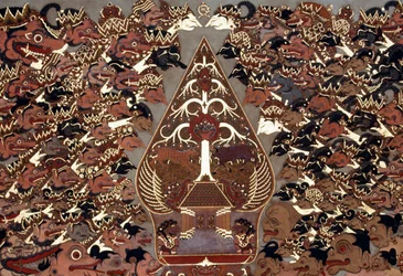 Maleri i Wayang Beber-stil, som er inspireret af Theatre of Shadows (wayang kulit), Mangkunegaran Palace, Surakarta, Java, Indonesien