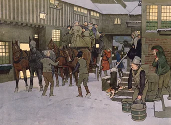 Ankomsten af en bus (farve litho)