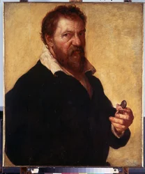 Selvportræt (Selvportræt). Portræt af kunstneren, der holder sine briller i hånden. Maleri af Lambert Lombard (1505-1566)