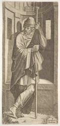 St. James Major lænet sig op af en stang foran en niche, hans venstre ben krydsede over hans højre, fra..., 1545.