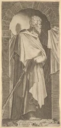 St. James Minor i en buet niche, med en vandrestav i hænderne, som er c..., 1545.
