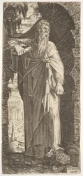 St. Paul stående under en forvokset bue, hans venstre fod placeret på en klippe, hans højre hånd..., 1545.