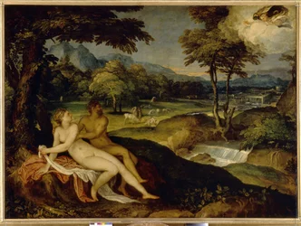 Jupiter og Io. Maleri af Lambert Sustris (1515 eller 1520 - efter 1591), olie på lærred, mellem 1558 og 1563. Italiensk kunst (Venedig)