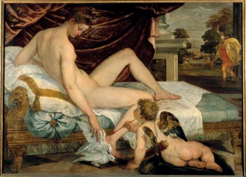 Venus og Amor. Maleri af Lambert Sustris (1515-1568), ca. 1550. 1,32 x 1,84 m. Louvre-museet, Paris