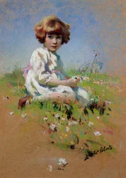 Marjorie - a A Girl Picking Daisies (pastel på papir)