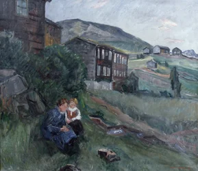 Fra Gudbrandsdalen, kvinde og barn i landskab