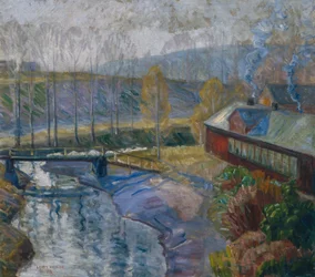 Landskab med hus og flod