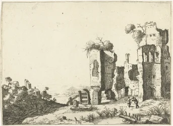Mand lænet på en pind foran en ruin Landskaber med gamle romerske bygninger (serietitel)