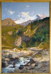 Floden har Chavalchere, Tabuchet-gletsjeren og Meije-bjerglandskabet. Maleri af Laurent Guetal (1841-1892) 1888 Grenoble, Musee des Beaux Arts