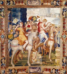 Herauts ridning. Gardin fra Artemises historie. Uld og silketæppe fremstillet af Laurent Guyot (1756-1806) og Henri Lerambert (ca. 1540/1550-1608) på værkstederne i faubourg Saint Marcel (1601-vers1670). 1600-tallets Paris, nationale møbler