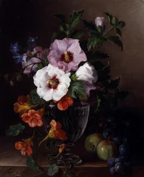 Stilleben med hibiscus og nasturtium i en glasvase. Maleri af Julie Guyot (Fl. ca. 1810)