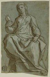 Siddende kvindefigur (Saint Scholastica?) Holder en due