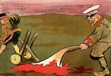 Civilisationens plov - Russiske soldater pløjer de blodige slagmarker. 1904 (litho)