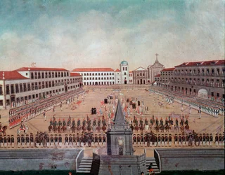 Militærparade på den kongelige plads i Rio de Janeiro i Brasilien Akvarel af Leandro Joaquim (1738-1798) Rio de Janeiro fra det 18. århundrede, National Historic Museum