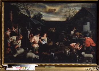 ""April måned"" (april) Fåeklipning. Taurus tegn symbol på himlen. Maleri af Leandro Bassano da Ponte (1557-1622) 1595-1600 Dim. 144x190 cm Statens kunstmuseum Tula Rusland