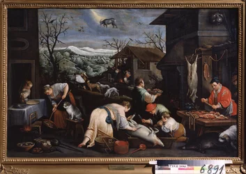 ""December måned"" (december) Grisene bliver slagtet. Stenbukken tegn symbol på himlen. Maleri af Leandro Bassano da Ponte (1557-1622) 1595-1600 Statens kunstmuseum Tula Rusland