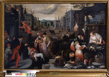""Le mois de fevrier"" (februar) Vandrescene ved karnevalstid. Fiskens tegn symbol på himlen. Maleri af Leandro Bassano da Ponte (1557-1622) 1595-1600 Dim. 144x190 cm Statens kunstmuseum Tula Rusland
