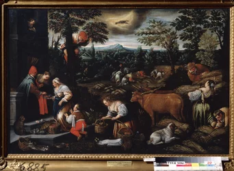 ""Juni måned"" (juni) Arbejde på gården, plukke kirsebær og samle hvede. Kræft tegn symbol på himlen. Maleri af Leandro Bassano da Ponte (1557-1622) 1595-1600 Statens kunstmuseum Tula Rusland