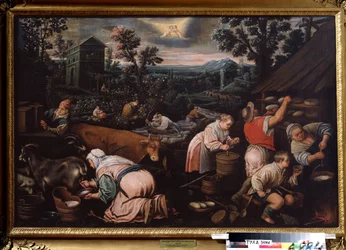 ""Maj måned"" (maj) Malkning af geder, fremstilling af ost. Gemini tegn symbol på himlen. Maleri af Leandro Bassano da Ponte (1557-1622) 1595-1600 Statens kunstmuseum Tula Rusland