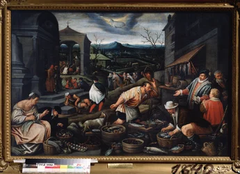 ""Marts måned"" (marts) Fiskemarkedsscene. Vædderens tegn symbol på himlen. maleri af Leandro Bassano da Ponte (1557-1622) Mål 80x121 cm Statens kunstmuseum Tula Rusland