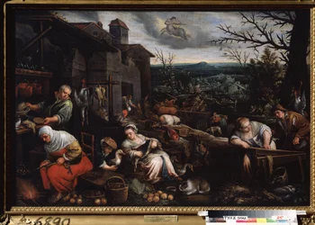 ""November måned"" (november) En kvinde steger kastanjer, en anden sørger for at tilberede gæssene. Symbol på skyttens tegn på himlen. Maleri af Leandro Bassano da Ponte (1557-1622) 1595-1600 Statens kunstmuseum Tula Rusland