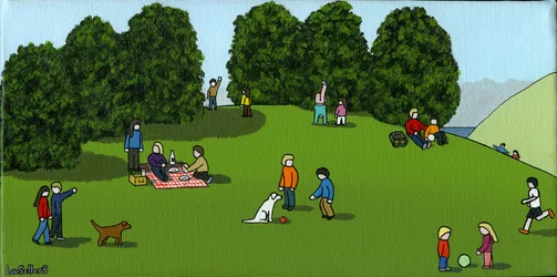 Picnic on te Hill, 2015 (Akryl og blæk på lærred)